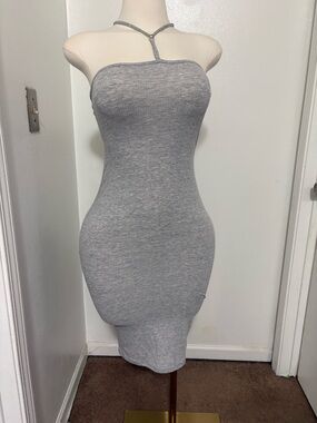 Heart & Hips Light Gray Ribbed Halter Mini Dress